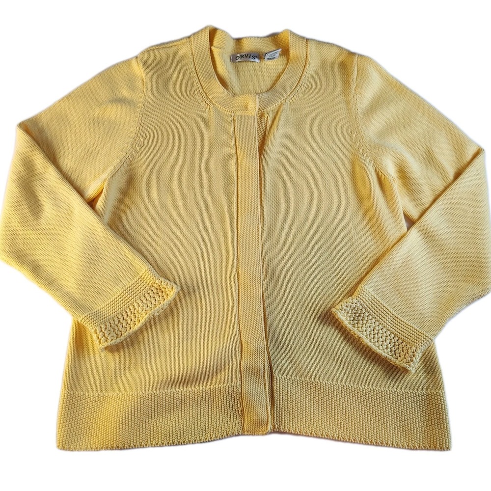 ORVIS Cardigan Sweater‎ Womens Large Yellow Heavy Cotton Knit Snap Button